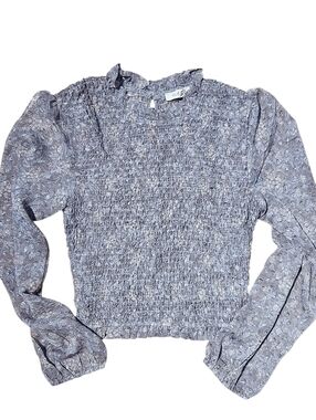 NWOT ILLA ILLA Anthropologie Grey Ditsy Floral Smocked Body Sheer Sleeves Top S